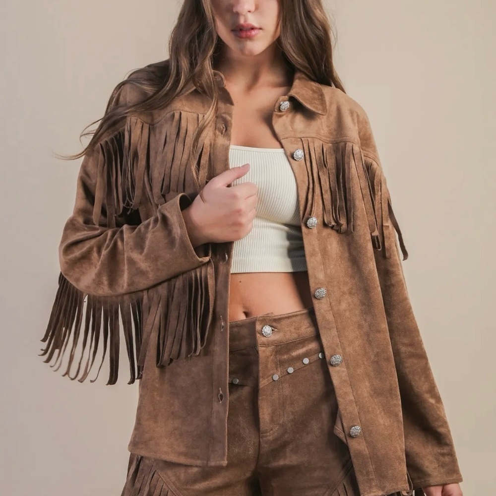 Suede Fringe Detail Western Jacket Shacket - Picture 3 of 6